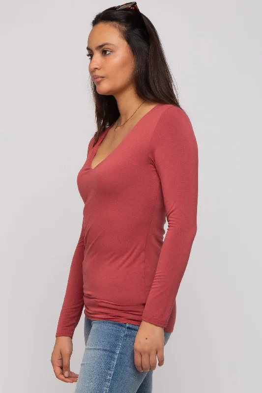 Rust V-Neck Long Sleeve Top