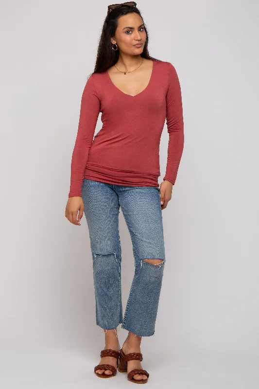 Rust V-Neck Long Sleeve Top