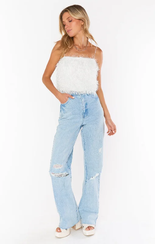 She Cute Top ~ White Faux Feathers