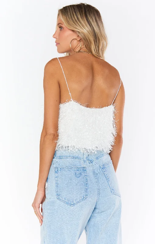 She Cute Top ~ White Faux Feathers