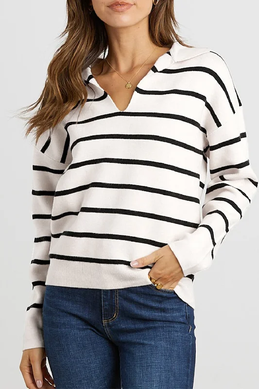 Striped Long Sleeve Polo V Neck Pullover Sweater