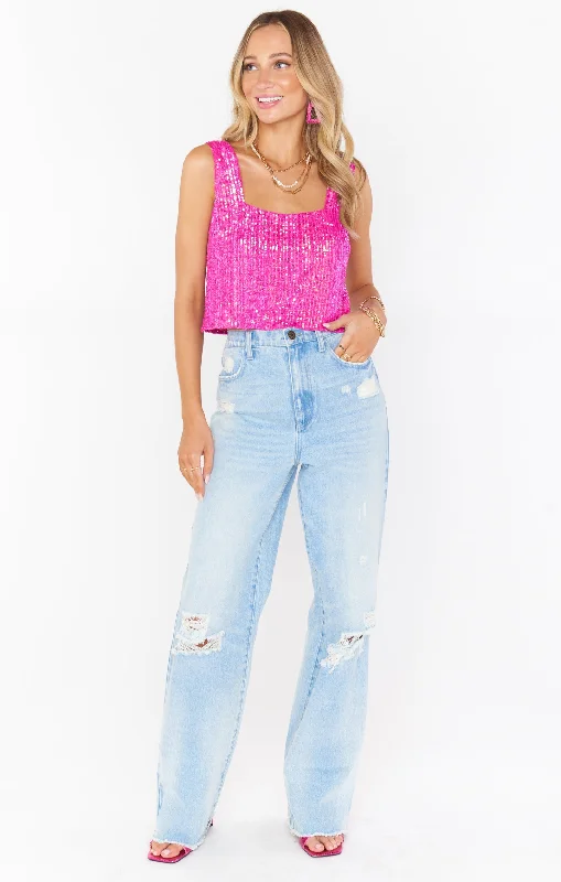 Tara Crop Top ~ Pink Disco Sequin