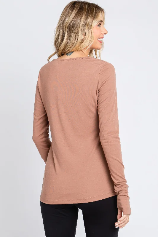 Taupe Button Front Long Sleeve Top