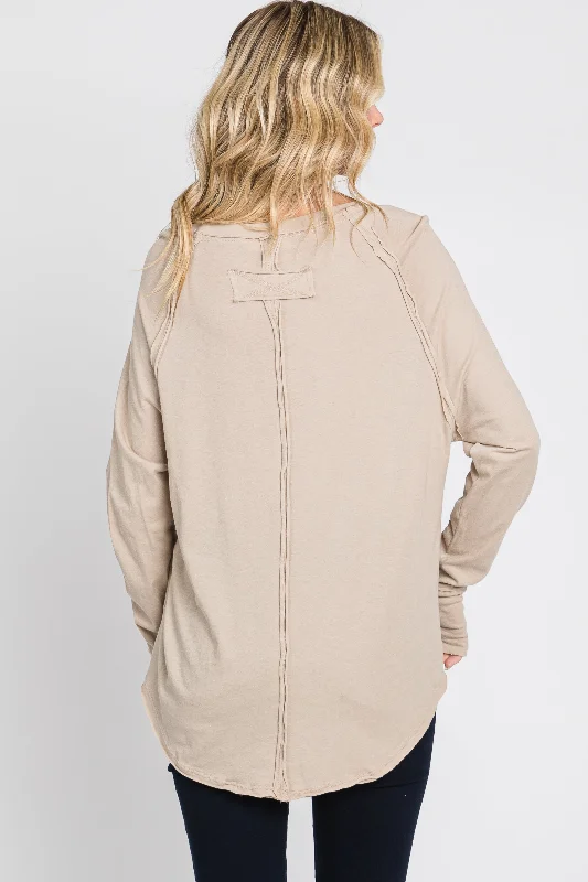 Taupe Exposed Seam Long Sleeve Top