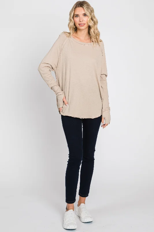 Taupe Exposed Seam Long Sleeve Top