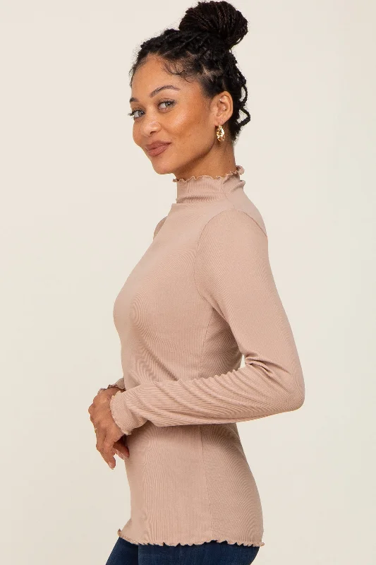 Taupe Ribbed Mock Neck Lettuce Trim Long Sleeve Top