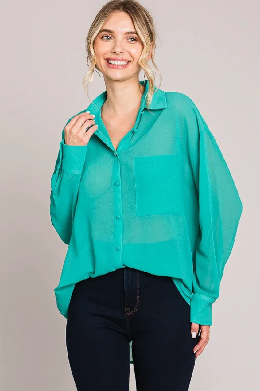 Teal Pink Sheer Button Down Blouse