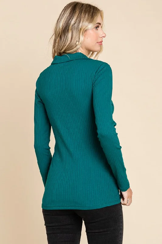 Teal Ribbed Collared Long Sleeve Top