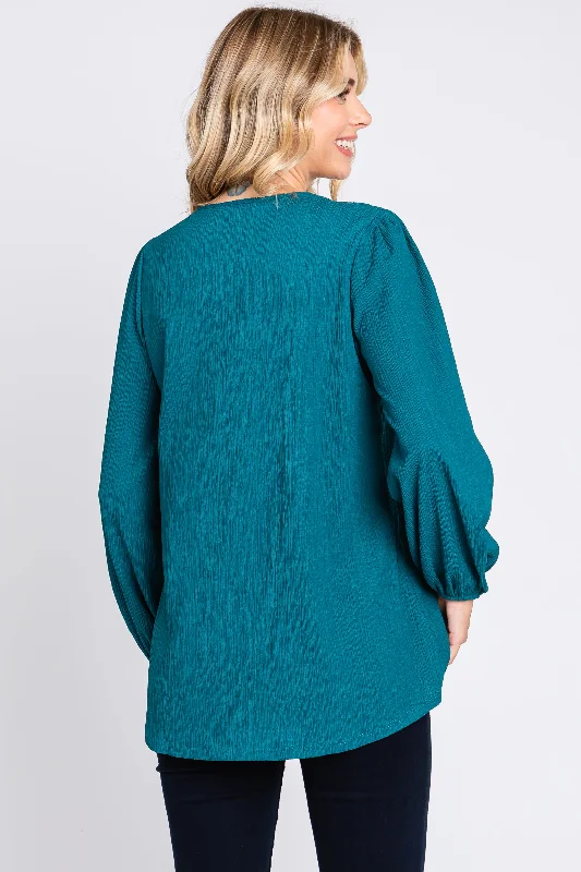 Teal Textured Long Sleeve Blouse