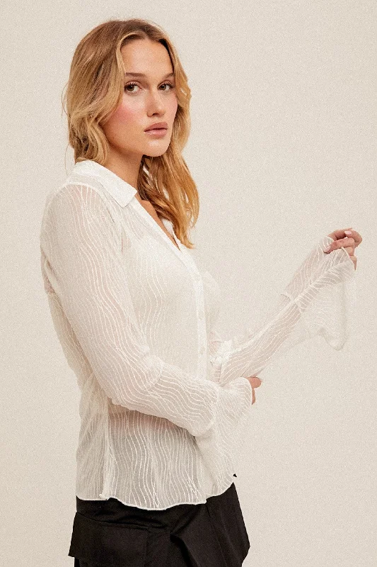 White Button Down Bell Sleeve Mesh Shirt