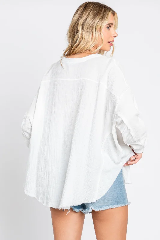 White Front Button Drop Shoulder Long Sleeve Top