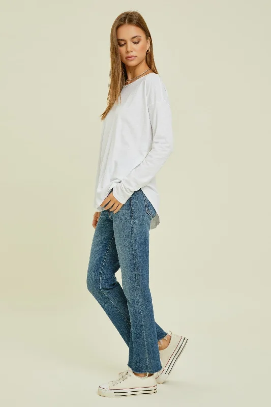 White Long Sleeve Curved Hem Top