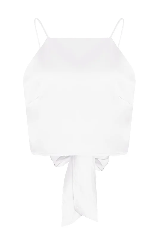 White-Satin Tie-Back Crop-Top