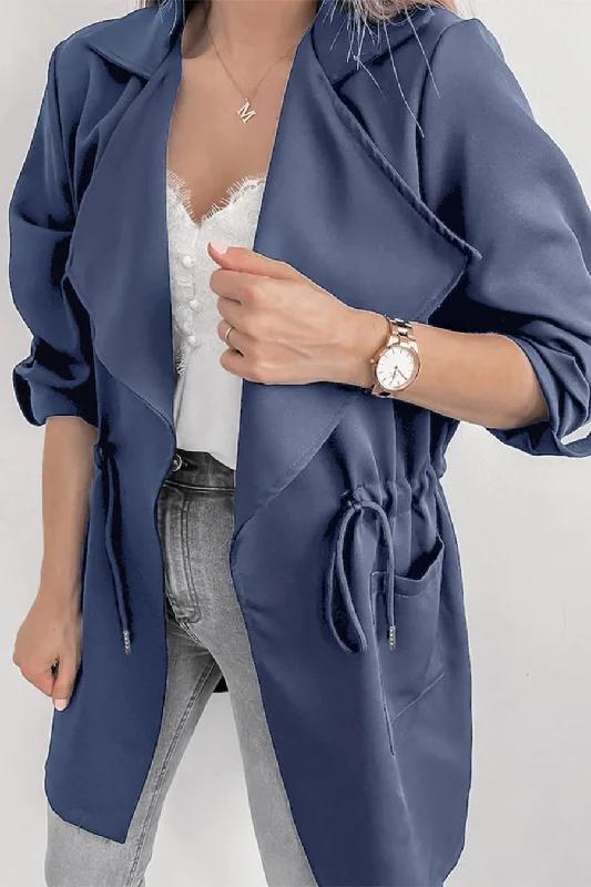 Women's Drawstring Waist Lapel Trench Coat Outwear with Pockets