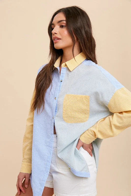 Yellow Colorblock Gingham Button Down Top