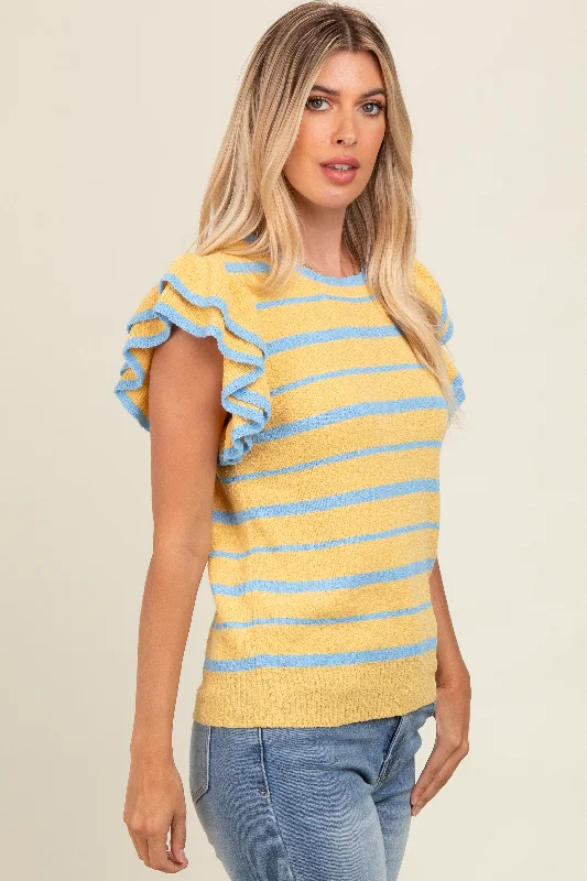 Yellow Striped Ruffle Sleeve Sweater Top